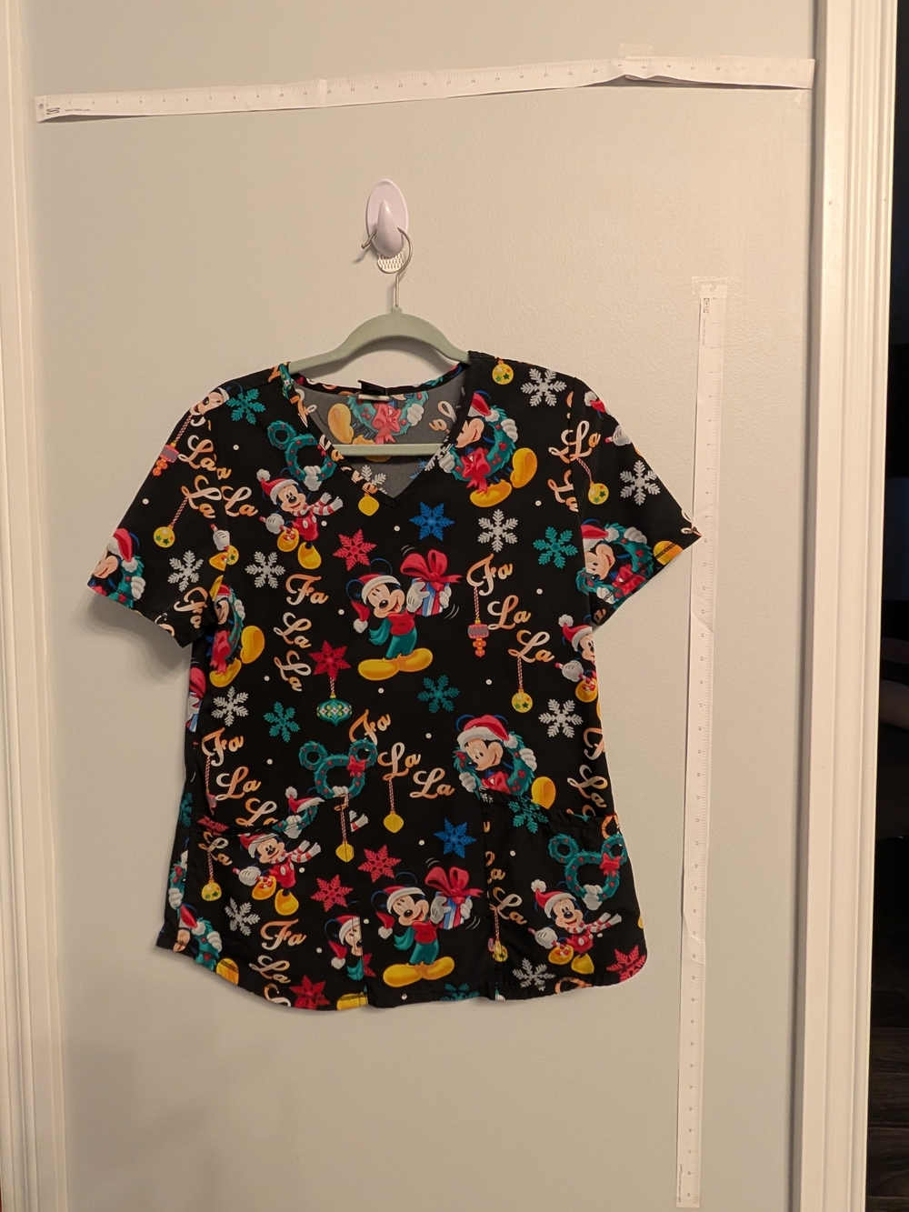 Disney Black Holiday Mickey & Friends Small Scrub Top Nurse Medical Xmas